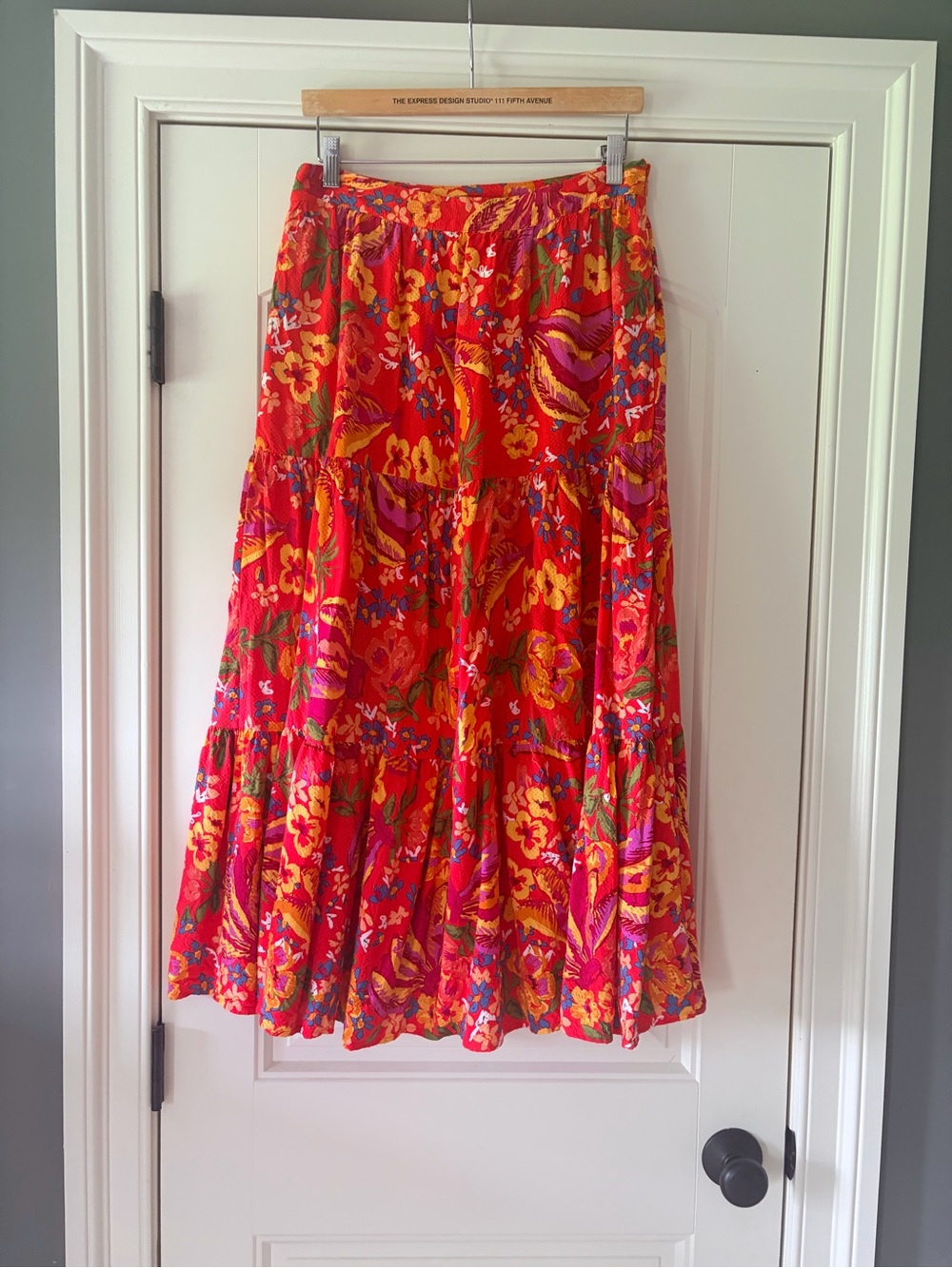 RACHEL Rachel Roy Red Floral Tiered Midi Skirt with Yellow Accents